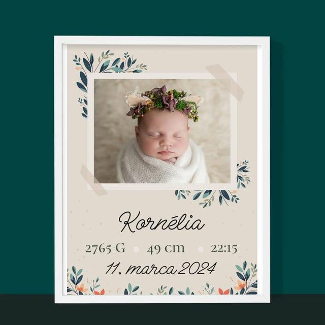 Údaje Narodenia Dieťaťa: Narodenie Dieťaťa Kvety - Zarámováná Tlač 30X40 (Vertikálne)