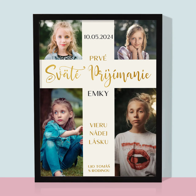 Fotokoláž:  Prvé Sväté Prijímanie Kríž - Zarámováná Tlač 30X40 (Vertikálne)