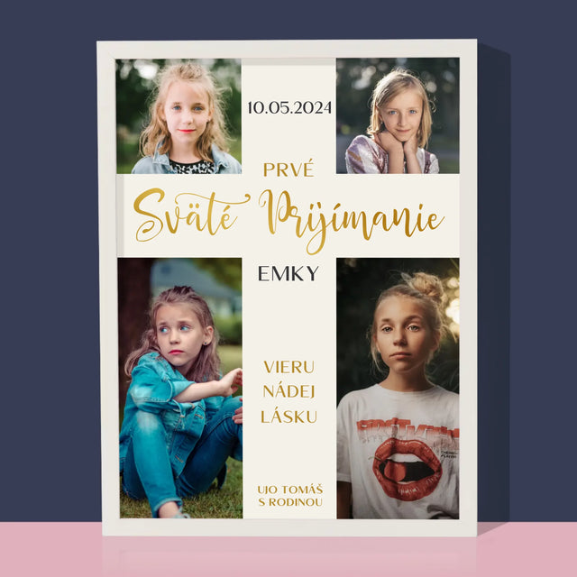 Fotokoláž:  Prvé Sväté Prijímanie Kríž - Zarámováná Tlač 30X40 (Vertikálne)