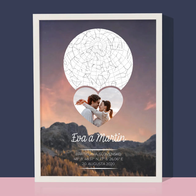 Mapa Hviezd: Zaľúbený Pár V Horách - Zarámováná Tlač 30X40 (Vertikálne)