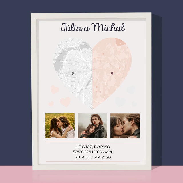 Mapa Mesta: Dve Polovice Jedného Srdca - Zarámováná Tlač 30X40 (Vertikálne)