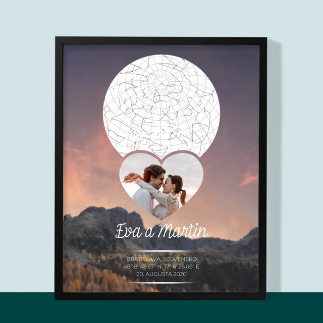Mapa Hviezd: Zaľúbený Pár V Horách - Zarámováná Tlač 30X40 (Vertikálne)