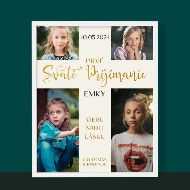 Fotokoláž:  Prvé Sväté Prijímanie Kríž - Zarámováná Tlač 30X40 (Vertikálne)
