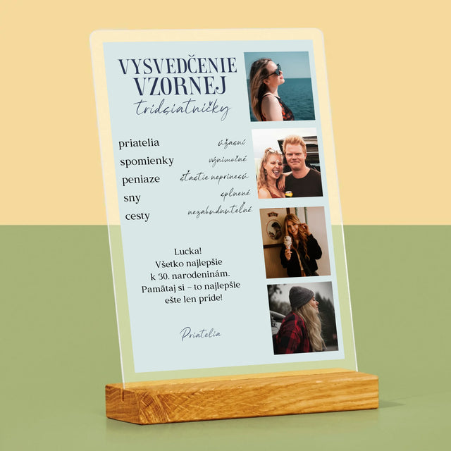 Fotokoláž: Vysvedčenie Vzornej Tridsiatničky - Tlač Na Akrylové Sklo 