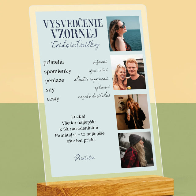 Fotokoláž: Vysvedčenie Vzornej Tridsiatničky - Tlač Na Akrylové Sklo 