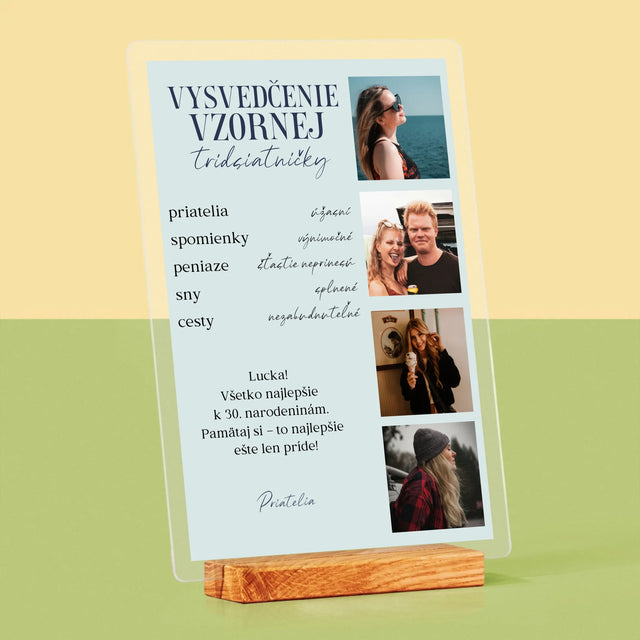 Fotokoláž: Vysvedčenie Vzornej Tridsiatničky - Tlač Na Akrylové Sklo 