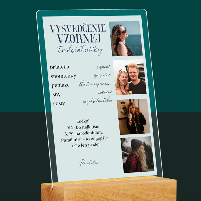 Fotokoláž: Vysvedčenie Vzornej Tridsiatničky - Tlač Na Akrylové Sklo 