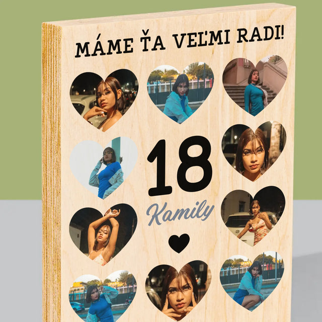 Fotokoláž: 18 Srdcia - Tlač Na Drevo (Vertikálne)