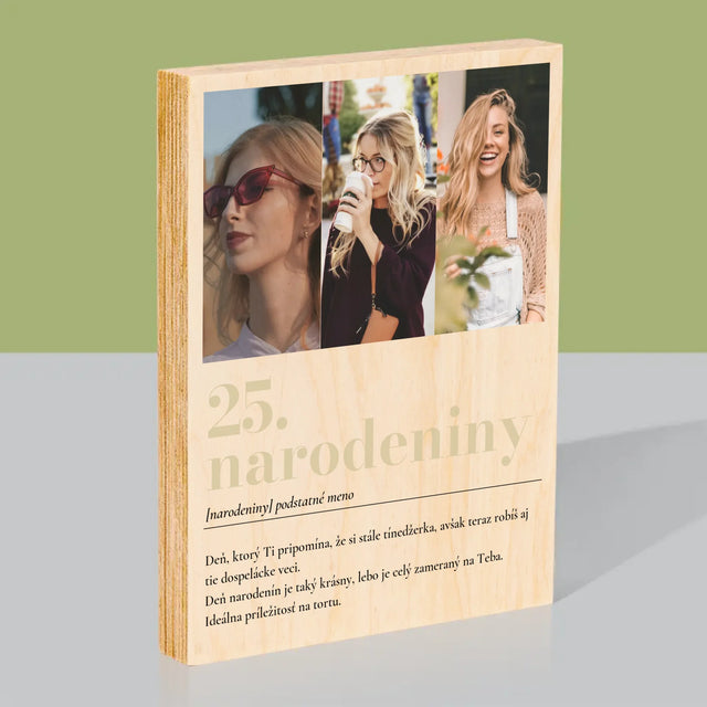 Fotokoláž: 25. Narodeniny Definícia - Tlač Na Drevo (Vertikálne)