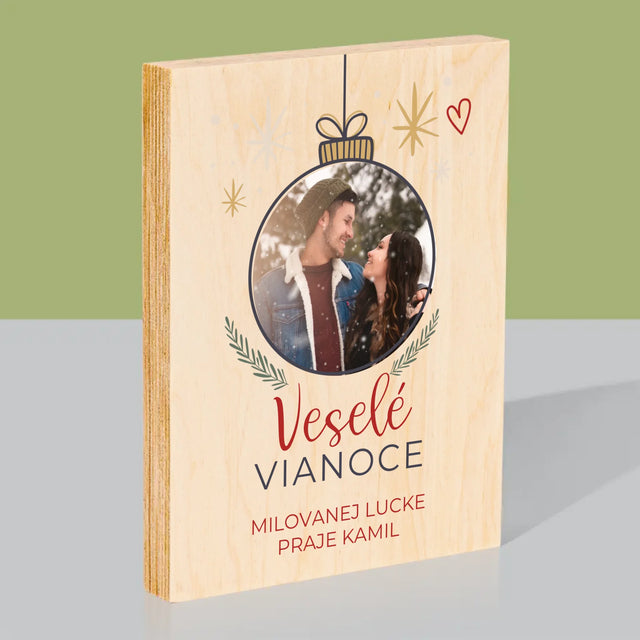 Fotografia A Podpis: Veselé Vianoce Guľa - Tlač Na Drevo (Vertikálne)
