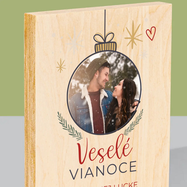 Fotografia A Podpis: Veselé Vianoce Guľa - Tlač Na Drevo (Vertikálne)