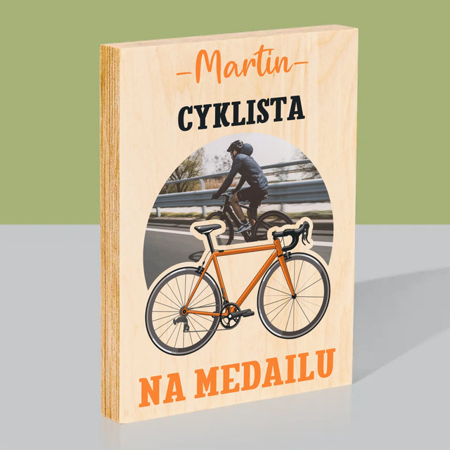 Fotografia A Podpis: Cyklista Na Medailu - Tlač Na Drevo (Vertikálne)