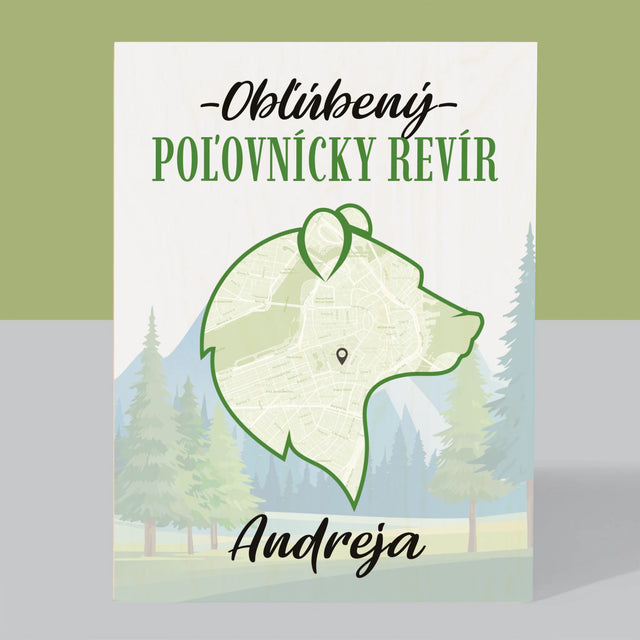 Mapa Mesta: Obľúbený Poľovnícky Revír - Tlač Na Drevo (Vertikálne)