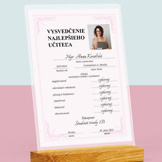 Fotografia A Podpis: Vysvedčenie Najlepšieho Učiteľa - Tlač Na Akrylové Sklo (Vertikálne)