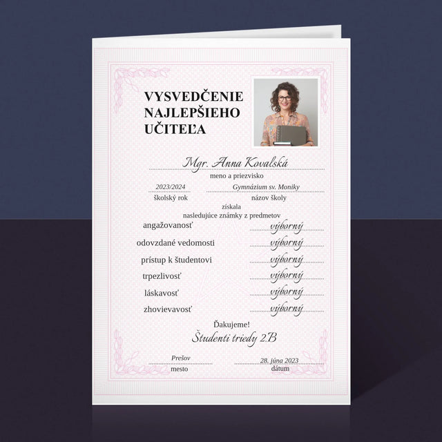 Fotografia A Podpis: Vysvedčenie Najlepšieho Učiteľa - Kartička S Prianiami