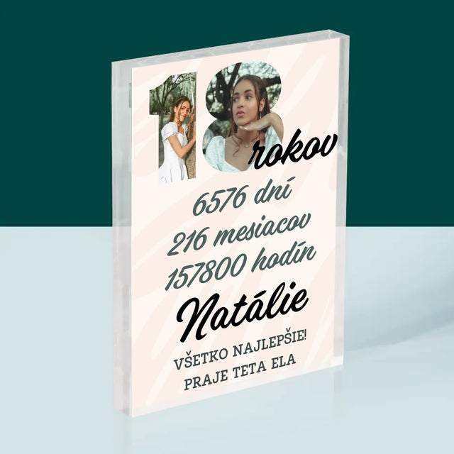 Slovo Z Fotografií: 18 Rokov Odpočítavanie - Akrylový Blok (Vertikálne)