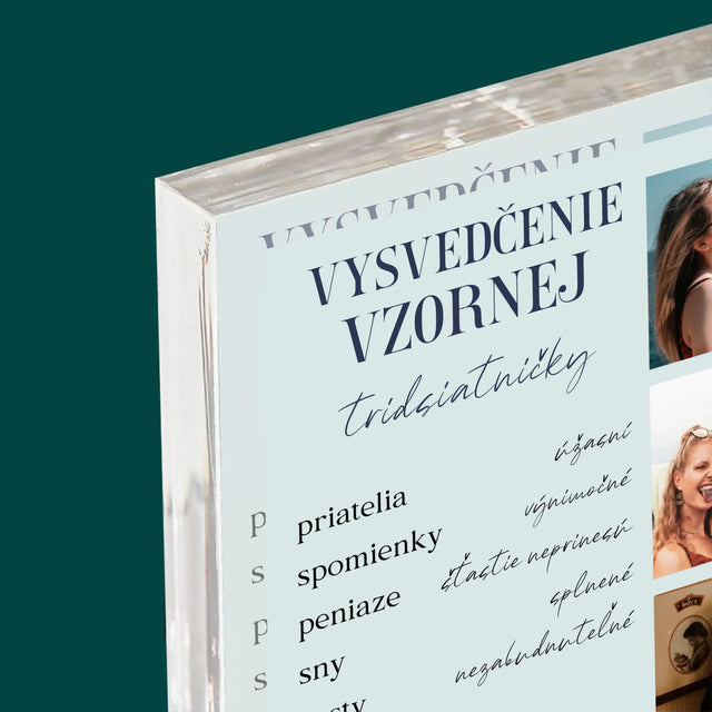 Fotokoláž: Vysvedčenie Vzornej Tridsiatničky - Akrylový Blok (Vertikálne)