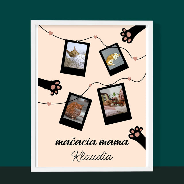 Fotokoláž: Mačacia Mama Polaroidy - Zarámováná Tlač 30X40 (Vertikálne)