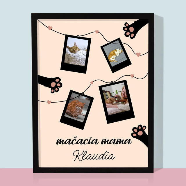 Fotokoláž: Mačacia Mama Polaroidy - Zarámováná Tlač 30X40 (Vertikálne)