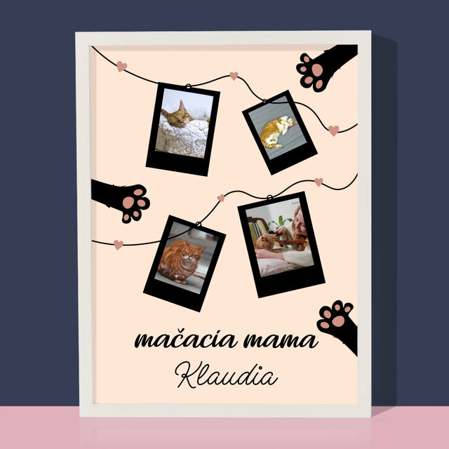 Fotokoláž: Mačacia Mama Polaroidy - Zarámováná Tlač 30X40 (Vertikálne)