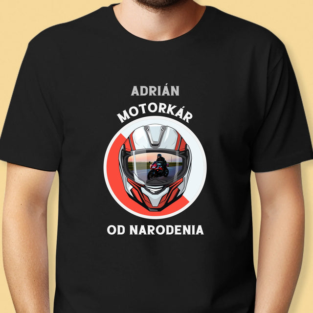 Zdjęcie I Podpis: Motocyklista Od Urodzenia - Koszulka Męska z Nadrukiem | SK